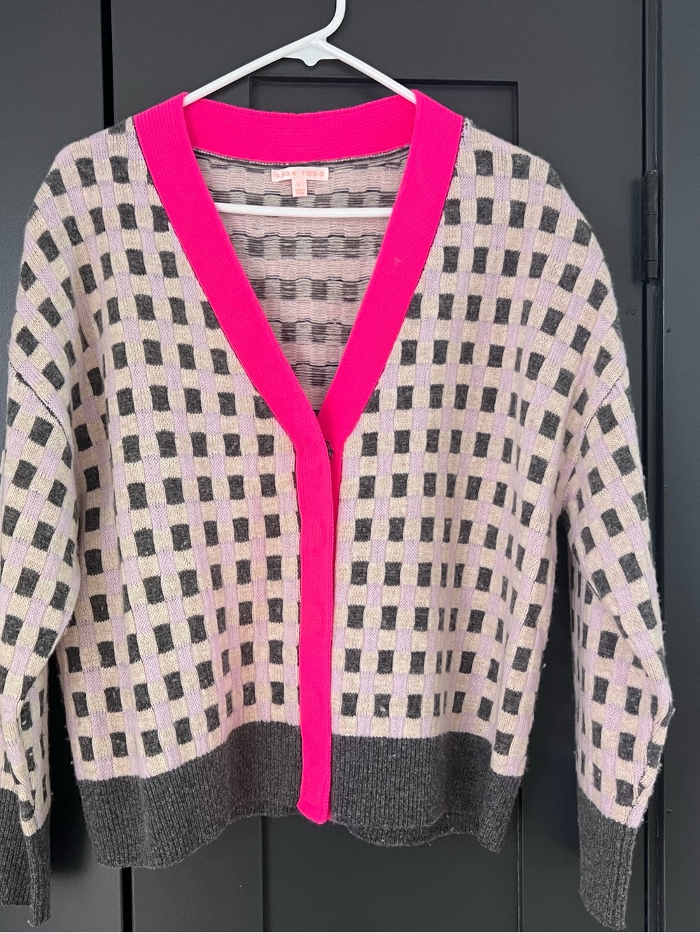 Lisa Todd Pink and Gray Checked V‑Neck Cardigan